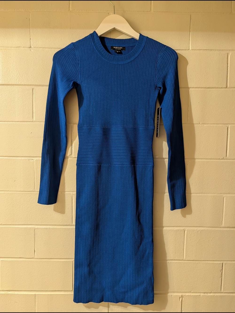 Marciano Alexia Sweater Dress In Electric Blue Ribbed Long-Sleeve Midi Dress